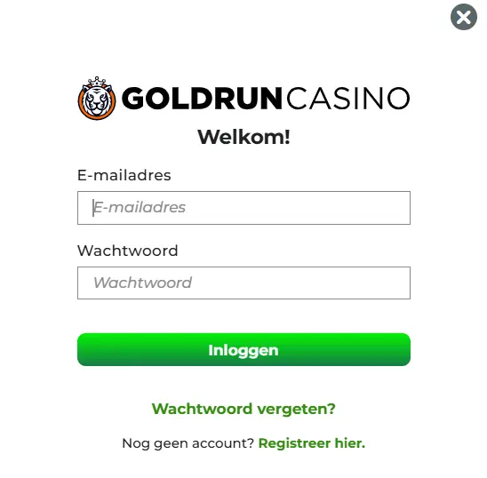 Goldrun Casino inlogvenster met velden voor e-mailadres en wachtwoord