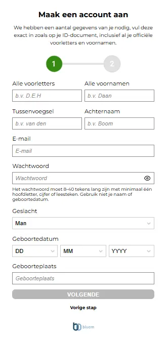 Formulier Maak een account aan bij Goldrun Casino met naam, geboortedatum en wachtwoord