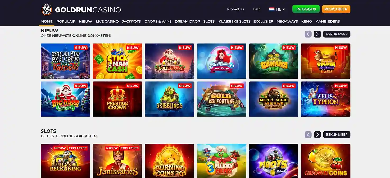 Goldrun Casino lobby met nieuwe online gokkasten en overzicht van populaire slots